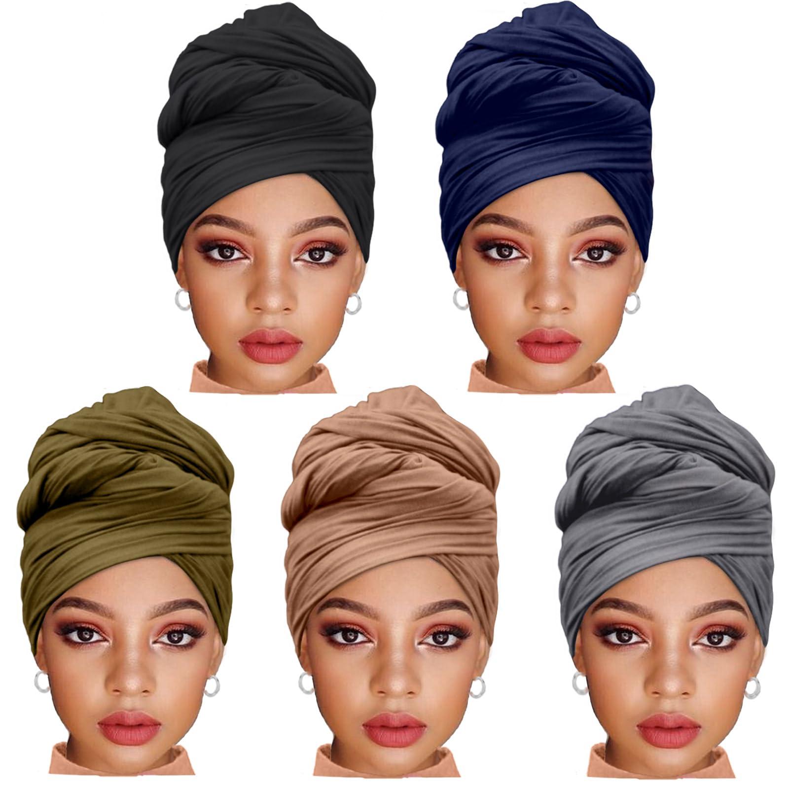 ZRQ ZRQ 5 Pieces Stretch Jersey Turban Fashion Headband Soft Breathable Long Lightweight and Comfortable Tie Head Wraps for Black Women (Black,Army Green,Dark Blue,Camel,Dark Grey)