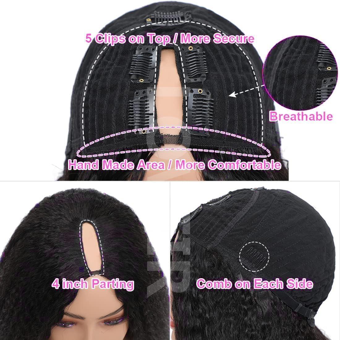 LOVFIR V Part Wig Human Hair Kinky Straight Human Hair Wigs for Black Women 150% Density Yaki V Part Wig Human Hair Upgrade U Part Glueless Full Head Clip In Half Wig V Shape Wigs Yaki Straight Human Hair Wig 26 inch