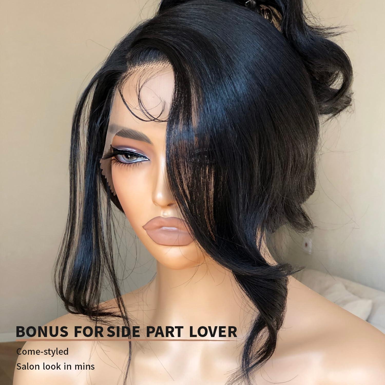 BrownBomb BrownBomb Bombshell Body Wave Wig, Synthetic Lace Front Wig Pre Plucked Glueless Ready to Wear, 13X5X1 Side Part HD Lace Wigs for Women 24inch, 1B Jet Black Wig Human Hair Luster