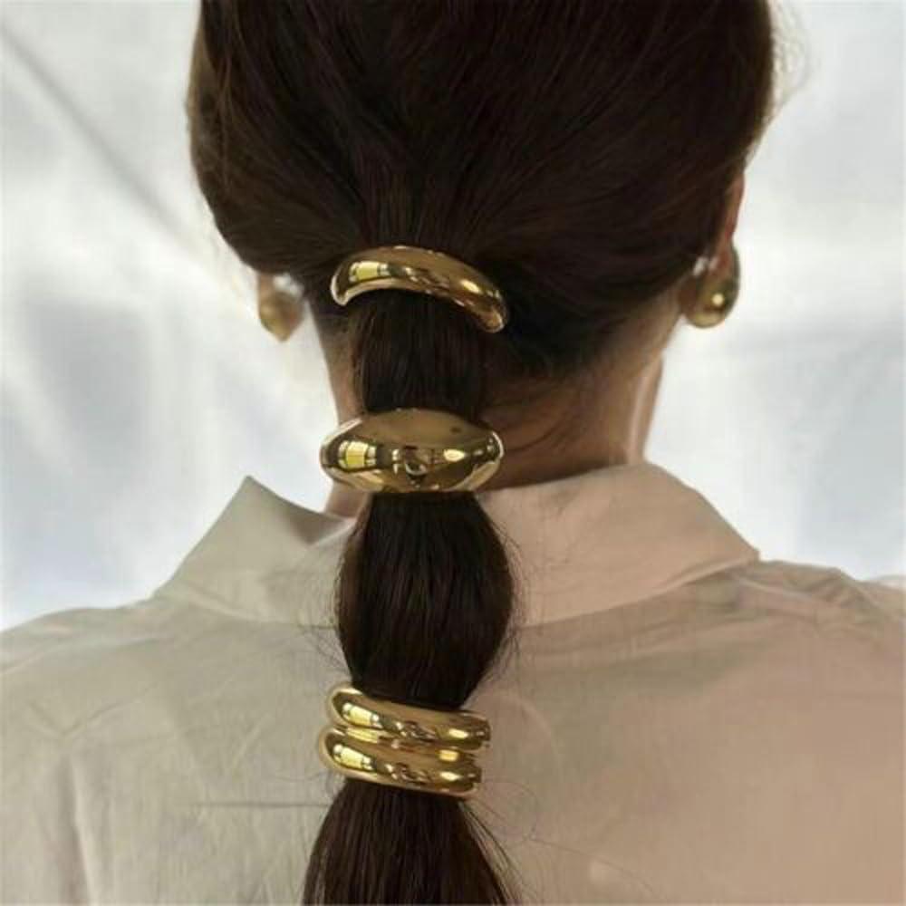 HONGJIANV Gold Hair Cuffs, Metal Hair Tie, Gold Ponytail Cuff, Gold Metal Geometric Elastic Hair Ties, Women\'S Glossy Double Arch Ponytail Hair Tie, Retro Temperament Headband (E)
