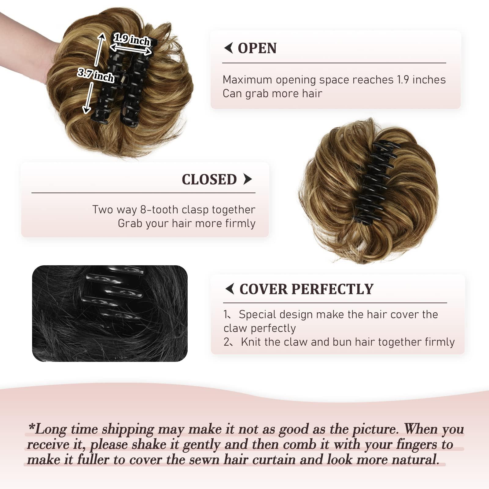 RUWISS Claw Clip Messy Bun Hair Piece Real Human Hair Buns Wavy Curly Chignon Hair Bun Extensions Tousled Updo Hair Buns Claw Clip Ponytail Hairpieces with Clip for WomenBrown with Blonde Highlights 3