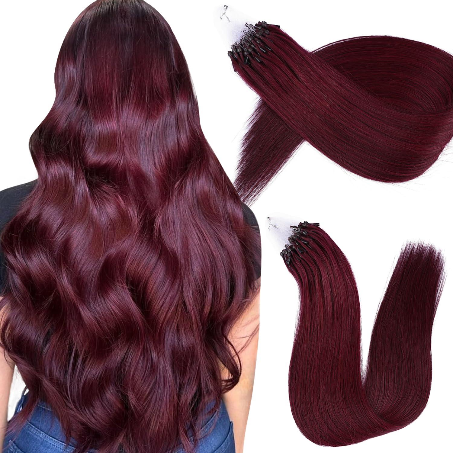 MioYio MioYio Microlink Hair Extensions Human Hair 99j Red 30g/Pack Micro Link Remy Hair 18 inch Micro Hair Microbead Micro Loop Hair Extensions Real Human Hair Soft and Glossy Longer Life