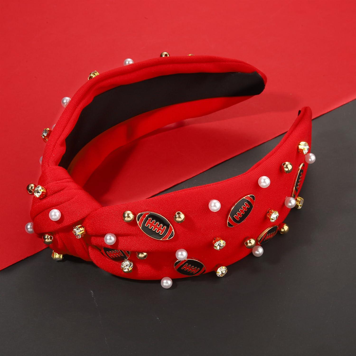 CEALXHENY CEALXHENY Game Day Headbands for Women Red Spirit Day Accessories Jeweled Football Headband Heishi Bracelets Game Day Tassel Earrings Football Mom Game Day Accessories Outfits Gifts (Game Day F)