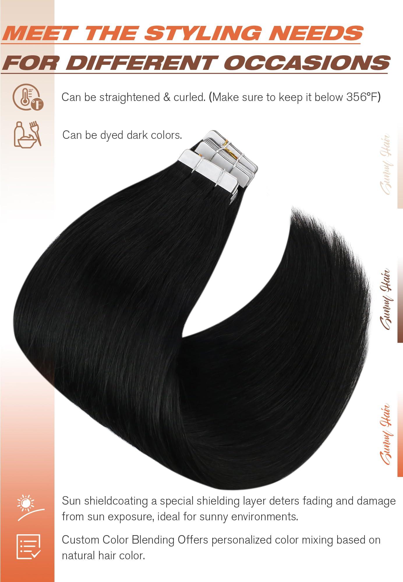 Sunny Hair Sunny Hair Tape ins Human Hair Extensions Black Girl 14inch Jet Black Tape in Extensions Invisible Tape in Hair Extensions Human Hair Black Straight Tape in Hair Extensions Add Volume 50g 20pcs