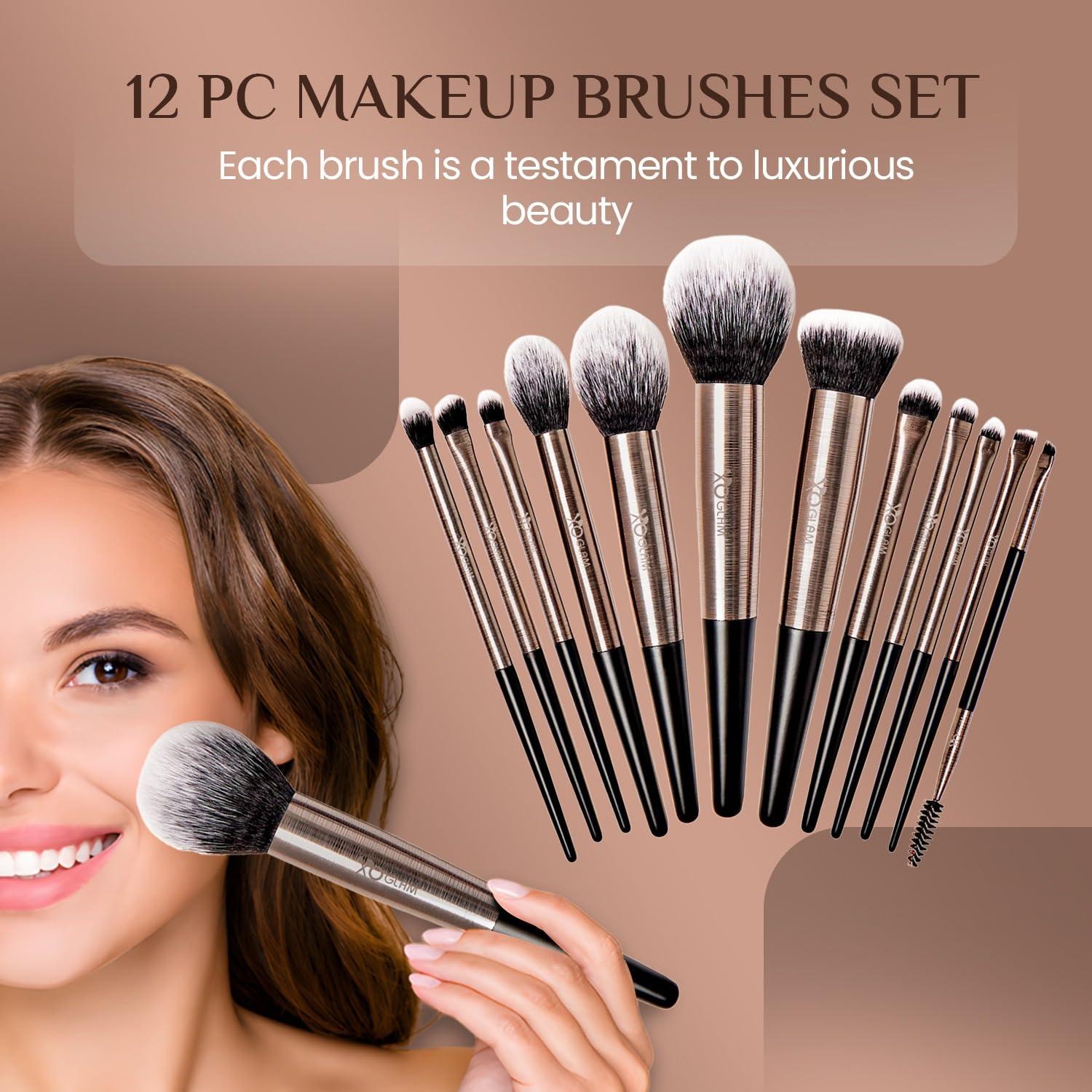 XO Glam XO Glam 12Pcs Classic XO Black Makeup Brush Set Premium Synthetic Blending Powder Concealer Contour Eyeliner Shader Eyeshadow Smudge Foundation Highlighter Make Up Brush Kit