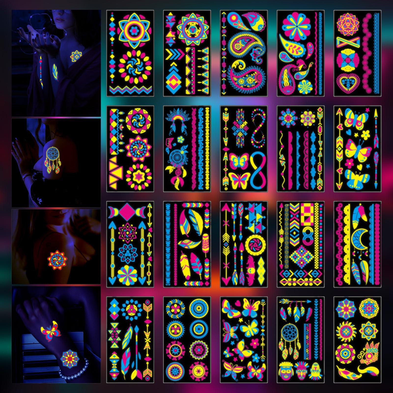 Heliltd Heliltd 20 Sheet Neon Temporary Tattoos Glow in The Dark Temporary Tattoos Fluorescence UV Neon Fake Waterproof Tattoo Stickers for Bar Party Nightclub Music Rave Festival Accessory Party Stickers