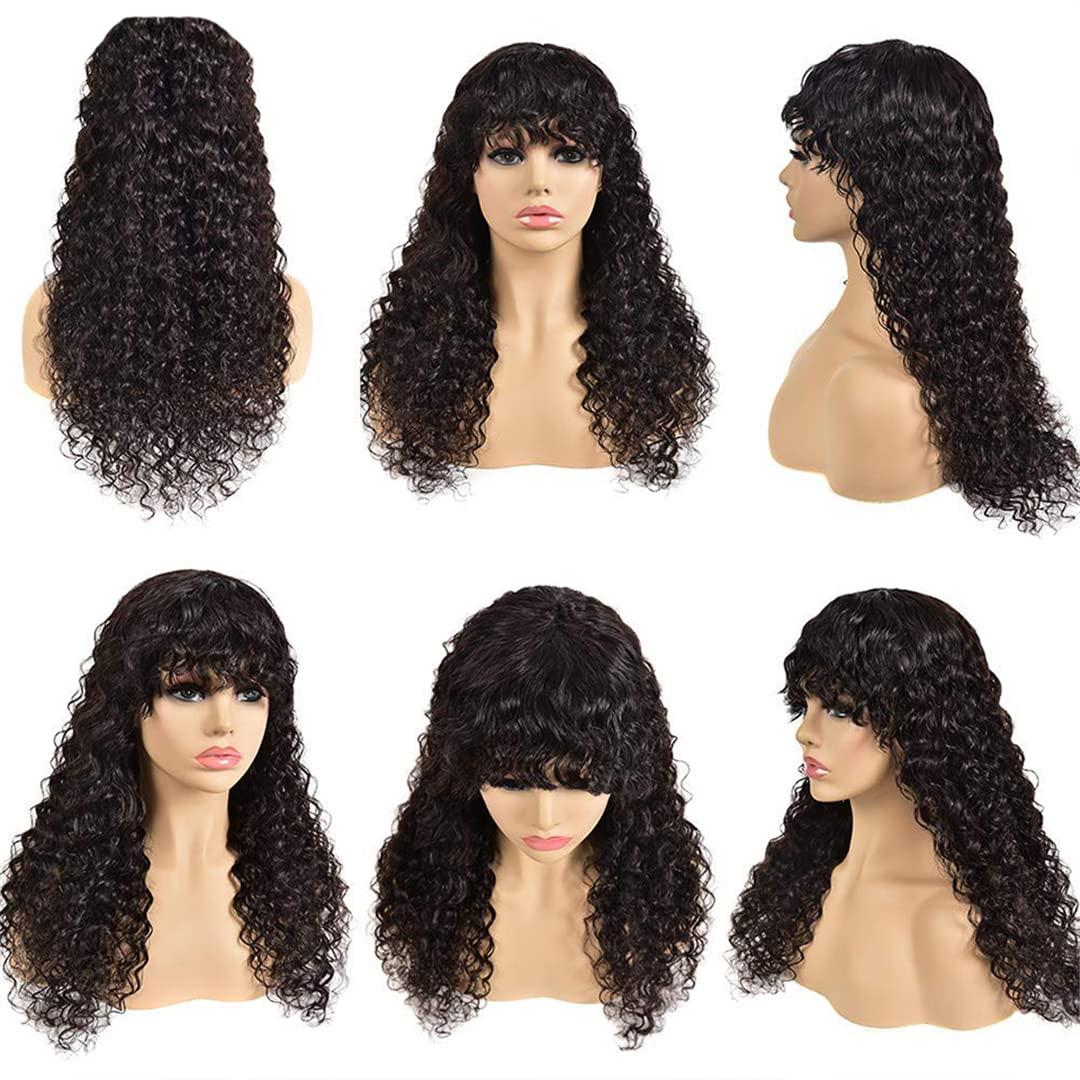 FInspiational Water Wave Wigs For Women Malaysian Curly Human Hair Wigs With Bangs Full Machine Made Wigs Glueless Remy Hair Wig 28inch