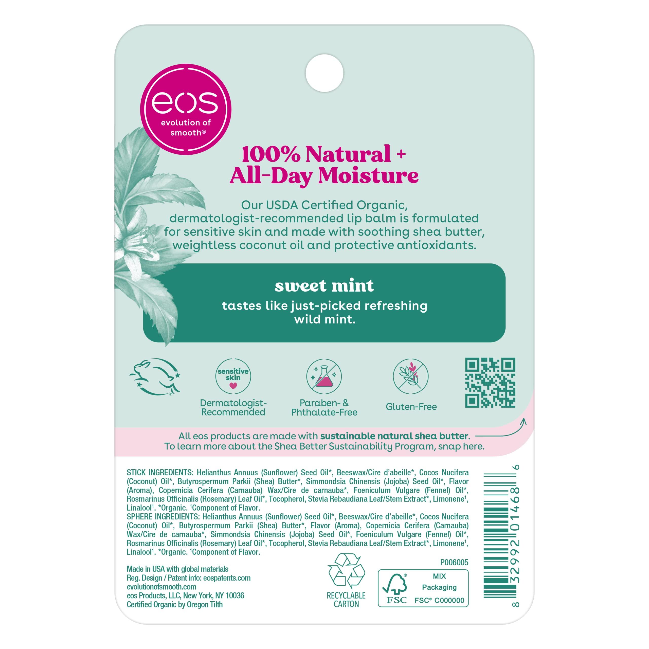 eos eos 100% Natural & Organic Lip Balm- Sweet Mint, Dermatologist Recommended, All-Day Moisture Lip Care, 0.39 oz, Stick & Sphere