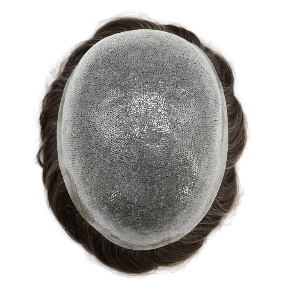 RESHE RESHE Men Toupee Hair System Ultra Thin Skin Real Human Hair Piece For Mens Toupee V-loop Natural Looking Hairpiece For Men Protesis Capilar Para Hombre 8\'\'X10\'\' #430#4 Medium Brown+30% Grey