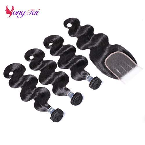 Yuyongtai Brazilian Body Wave 3 Bundles with Closure (20 22 24 +18, 3 Part) 100% Unprocessed Brazilian Virgin Body Wave Human Hair Bundles with 4x4 Lace Closure 1B Color