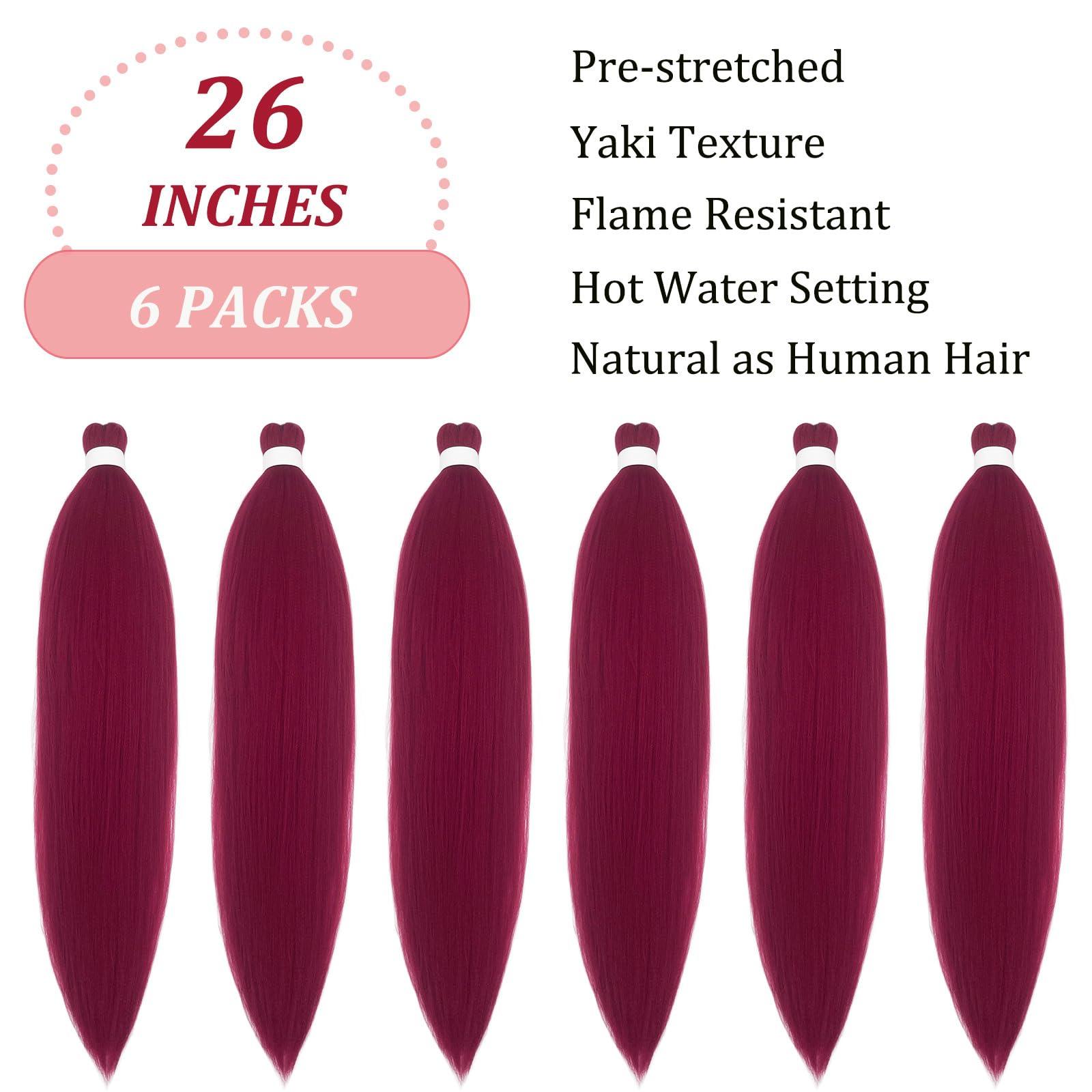 UPruyo Dark Red Burgundy Braiding Hair Pre Stretched 26 inch Synthetic Hair for Braiding Micro Braiding Hair Extensions for Box Braids Long Knotless Prestretched Pre Stretched Braiding Hair (Pack of 6, 900#)