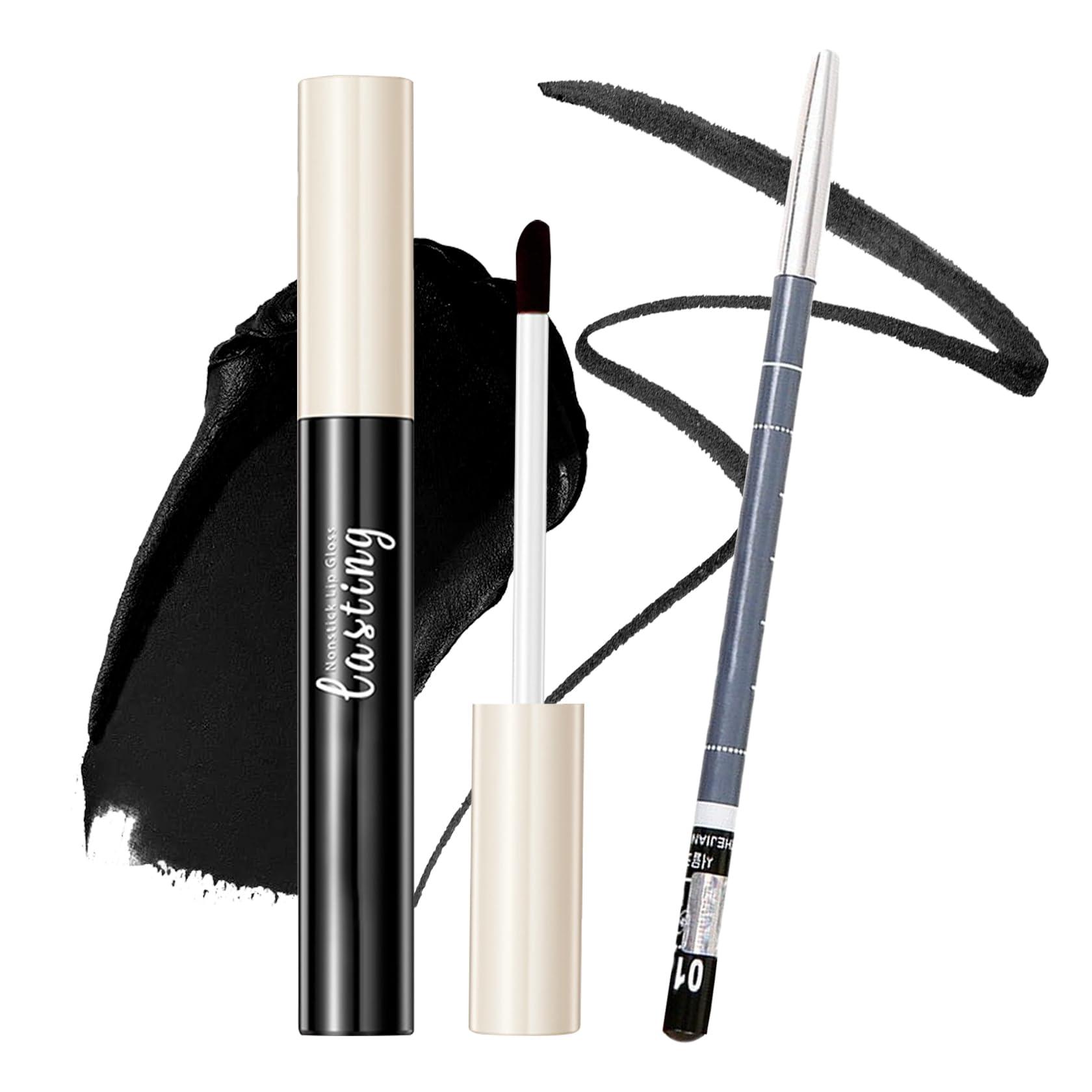 LingHaoLH 2PCS Black Matte Lip Liner and Lipstick Set,High Pigmented Black Liquid Lipstick and Lip Liner Set,Long Lasting Waterproof Black Lipgloss Liner Set for Goth Christmas Halloween Cosplay Makeup
