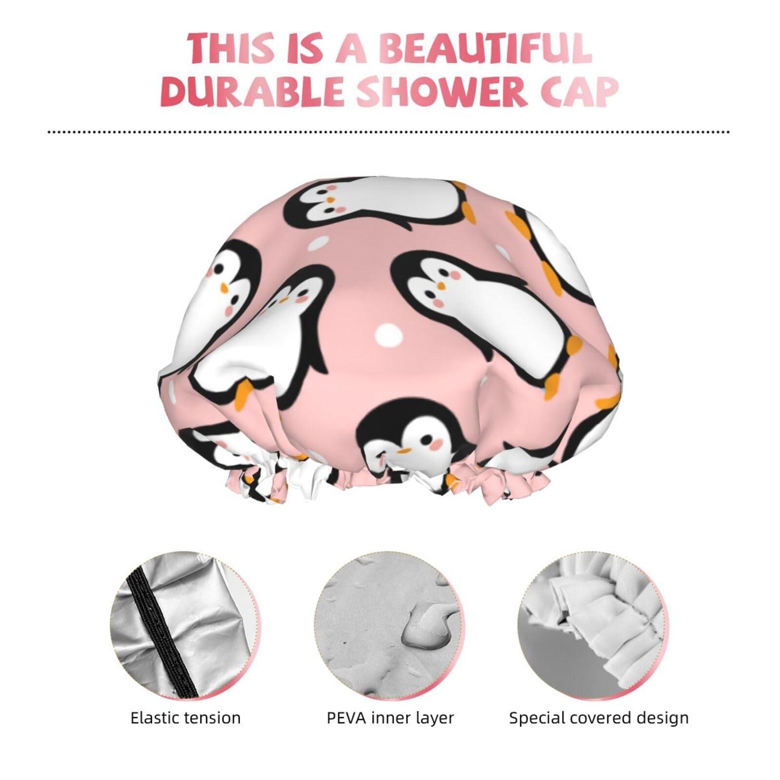 YIPOCH Cute Animal Penguin Large Shower Cap for Women Men Shower Caps for Women Reusable Waterproof Hair Cap Double Layers Showercap With PEVA Lined & Elastic Band Fashion Shower Bonnet