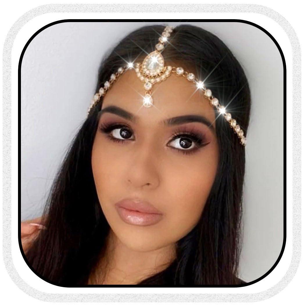 Catery Catery Head Chain Jewelry Crystal Hair Chains Boho Headpiece Pendant Head Chain Hair Jewelry Hair Accessories for Women and Girls (Gold)