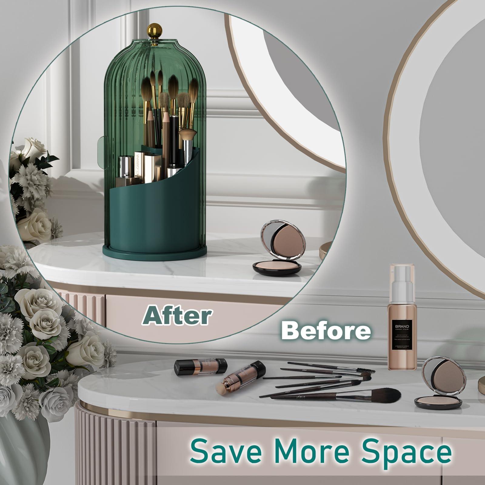 GAXmi GAXmi Makeup Brush Holder with Lid Cosmetic Tools Organizer 360 Rotating Waterproof Dustproof Makeup Brushes Storage for Vanity, All Green