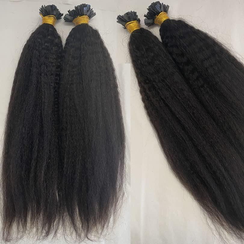 RJ HAIR RJ Hair Flat Tip Human Hair Extensions 30inch Kinky Straight Pre Bonded Hair Extensions I Tip Human Hair Pre Bonded Hair Keratin Hair Coarse Yaki 100 Strand (20inch 100Strand, #1(Jet Black))