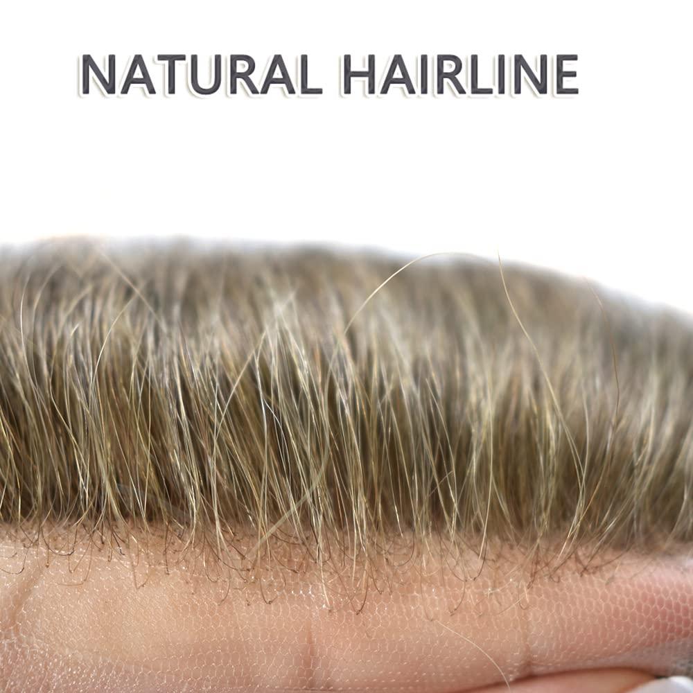 PUNRU HAIR PUNRU HAIR Full French Lace Human Hair System for Men Black Brown Blonde Hair Toupee for Mens Hair Replacement System Bleached Knots Hairpiece 7\"X9\" #18 Medium Ash Blonde-80% density