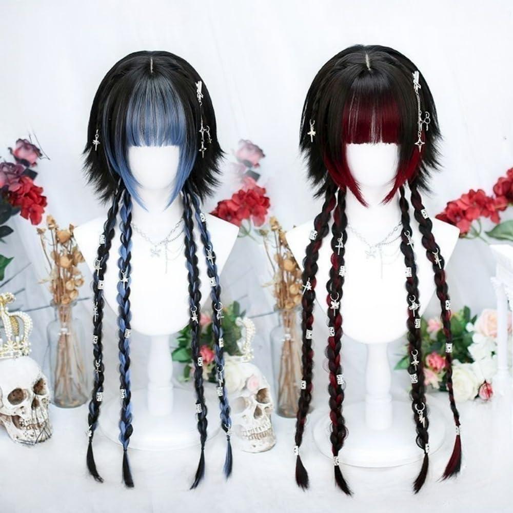 SCORRO Hime Cut Long Straight Black Layered Hair Lolita Bob Wig Hair with Bangs, Pre-styled Jellyfish Braided Hair Wig for Women Girls, Party Wig Halloween Daily Wigs (braided Styling,natural Black)