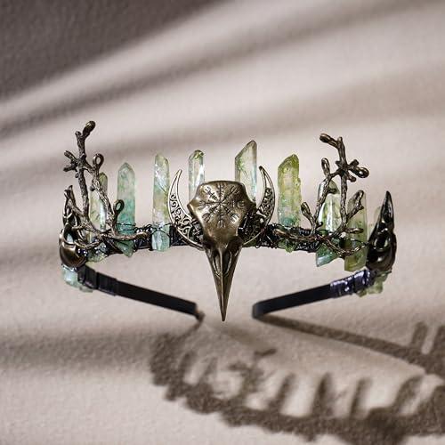 CoTeeZa CoTeeZa Green Fairy Crystal Crown - Handmade Raw Quartz Tiara with Bronze Crow Branch Moon Elf Headpiece Fantasy Forest Witch Crown Wedding Renaissance Halloween Cosplay Woodland Headband