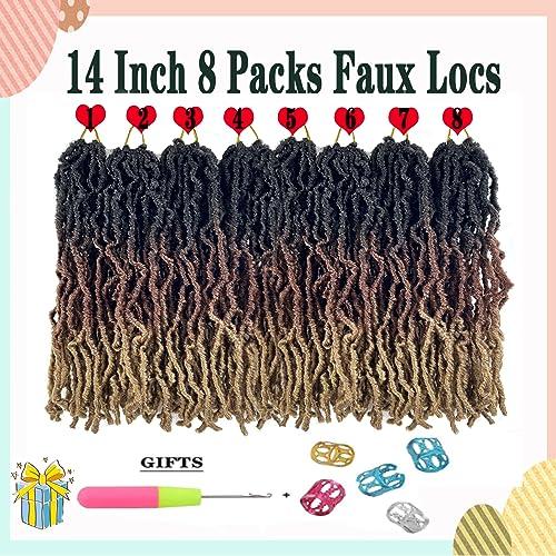 Paraglame Ombre Faux Locs Crochet Hair 14 Inch New Soft Locs 8 Packs Pre-looped Crochet Braids Short Soft Goddess Locs Curly Wavy Croceht Hair for Women(1B/30/27, 8packs)