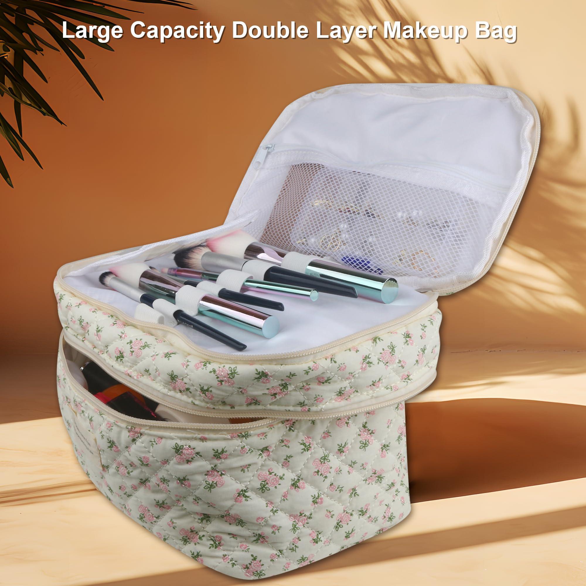 NOYINMIN NOYINMIN Dual Layer Cute Makeup Bag for Women(3 Pcs), Quilted Floral Coquette Aesthetic Make up Bags, Travel Cosmetic Bags Toiletry Organizer Bag(Pink Rose)