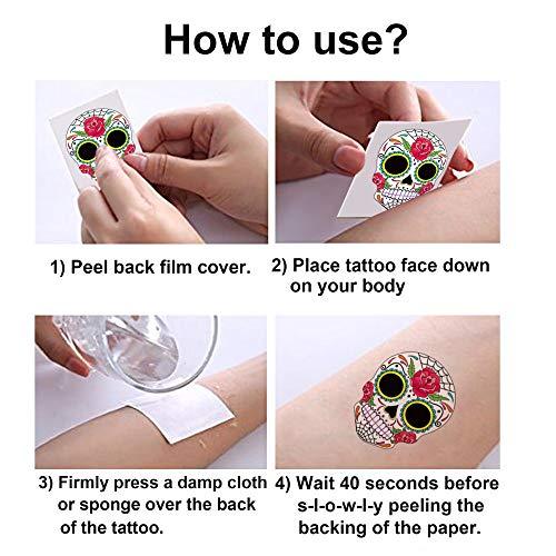 Konsait Day of the Dead Sugar Skull Tattoos(100Counts),Konsait Halloween Temporary Face Tattoos Sugar Skull Puppy Black Skeleton Web Red Roses Tattoo for kids Boys Girls Mexican Halloween Party Favor Supplies