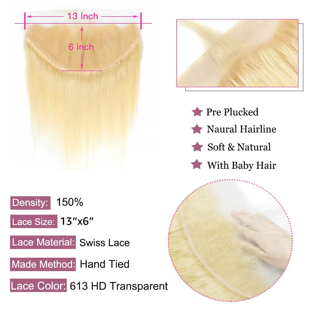 MSTOXIC 613 Frontal Straight 13x6 Transparent HD Lace Frontal Closure 12A Brazilian Virgin Remy Hair Free Part Ear to Ear Blonde Frontal Human Hair For Women Pre Plucked With Baby Hair 150% 20 Inch