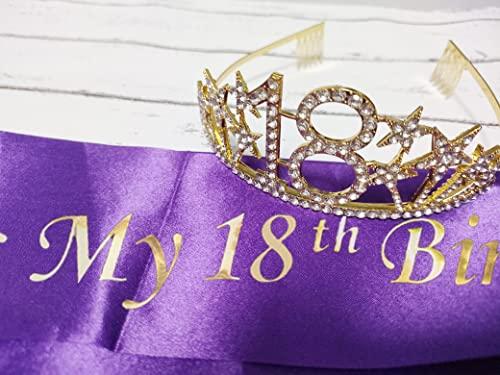 Mayin Happy 18th Birthday Tiara and Sash Gifts Crystal Rhinestone Princess Crown Birthday Girl Party Favor Supplies Gold Crowns Purple Sash
