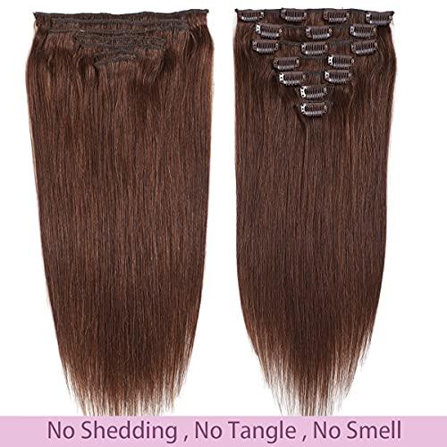 BUGUQI 80g Hair Extensions Clip in Human Hair Darker Brown Human Hair Extensions Clip in Real Hair Straight Thick Weft 20 Inch 7pcs