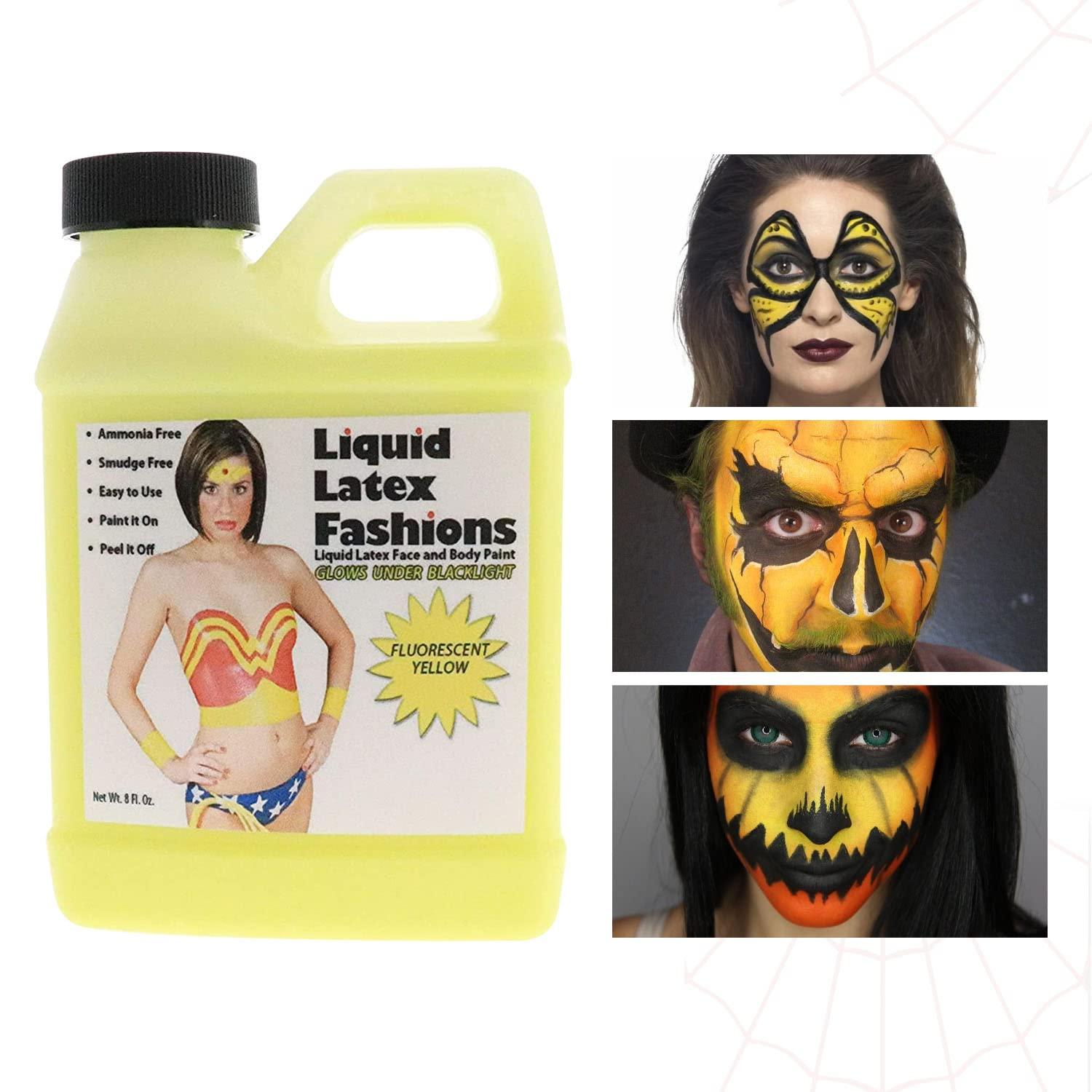 Liquid Latex Fashions Fluorescent Yellow 8 Oz - Liquid Latex Face and Body Paint, Black Light UV Reactive GLOW, Art, Theater, School Plays, Cosplays and Concerts!