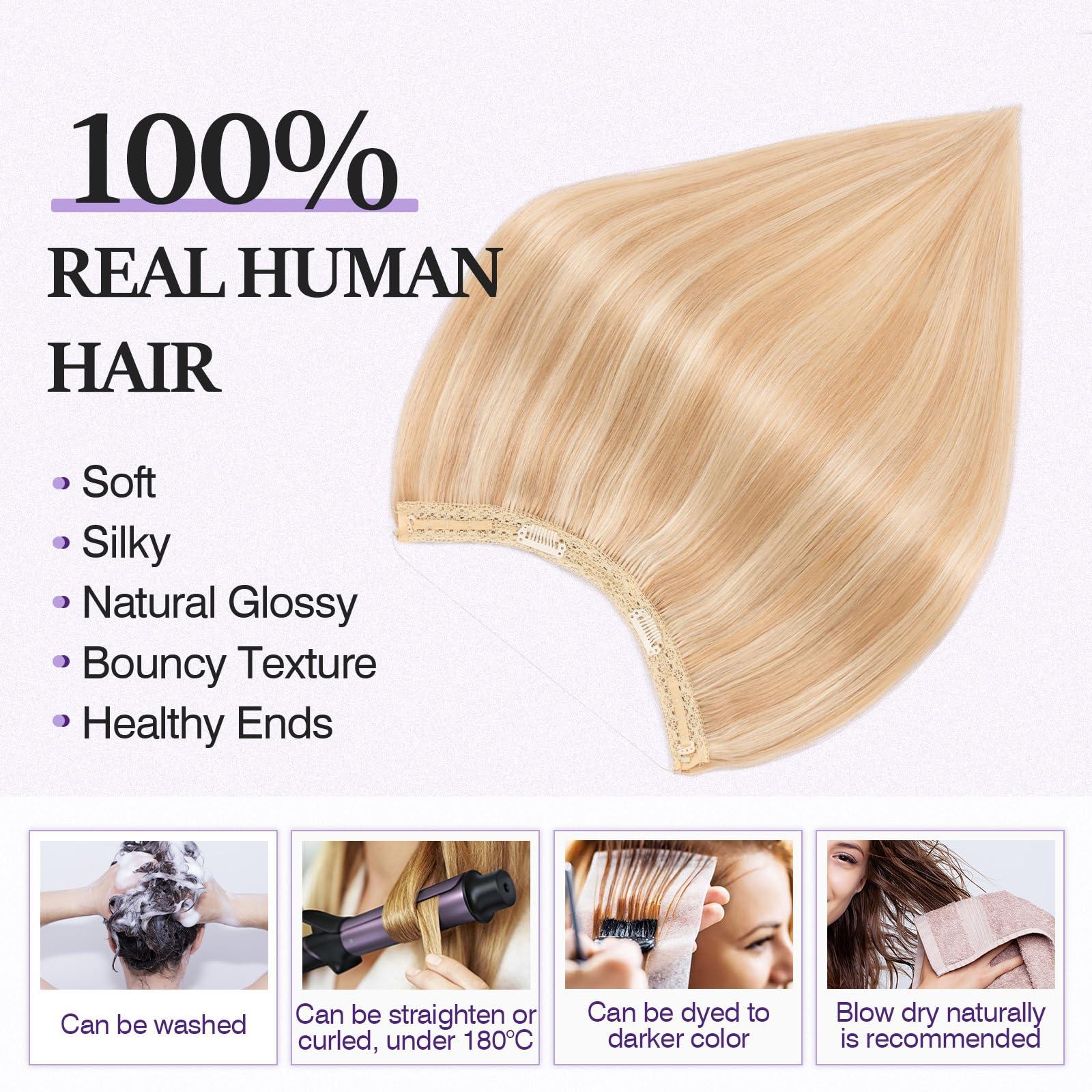 prokyvity Halo Hair Extensions Real Human Hair,Prokyvity Halo Hair Extension 100% Human Hair,Halo Extensions Real Human Hair,Human Hair Halo Extensions,18P613 Gold Blonde Mixed Bleach Blonde 16inch