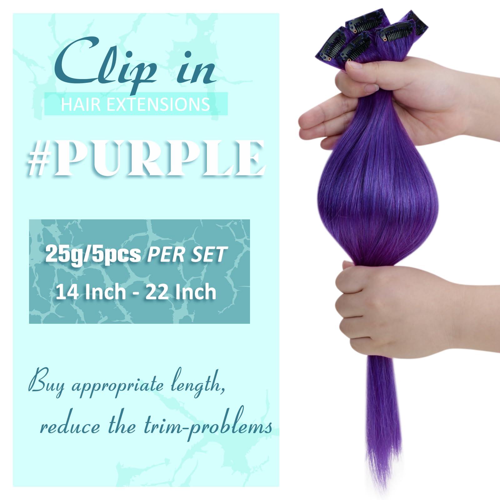 RUNATURE Purple Hair Extensions Bundles: Clip in Hair Extensions Real Human Hair Dark Purple 25g/5pcs and 70g/5pcs 18 Inch Full Head Colored Hair Extensions Purple Clip in Extensions