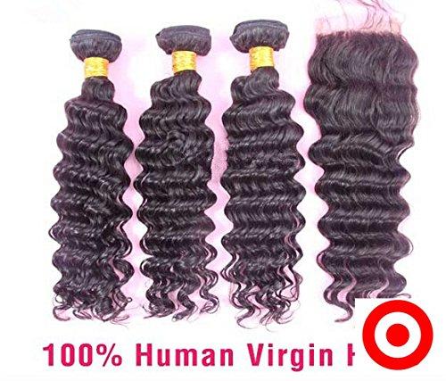 DaJun Cheap 8A Indian Virgin Remy Human Hair 3 Bundles With 4"x4" Lace Closure Deep Wave Natural Color16"closure+16"16"16"weft