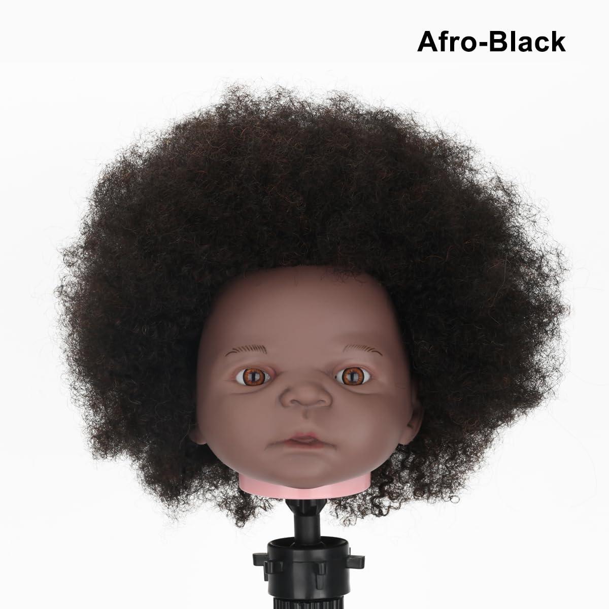 poipoilu Mannequin Head African with Hair 90% Human Hair Cosmetology Mannequin Head Doll Head for Babay and New Mom, Manikin doll to do hair for little girls and Practice Training Braiding (Afro-Black)