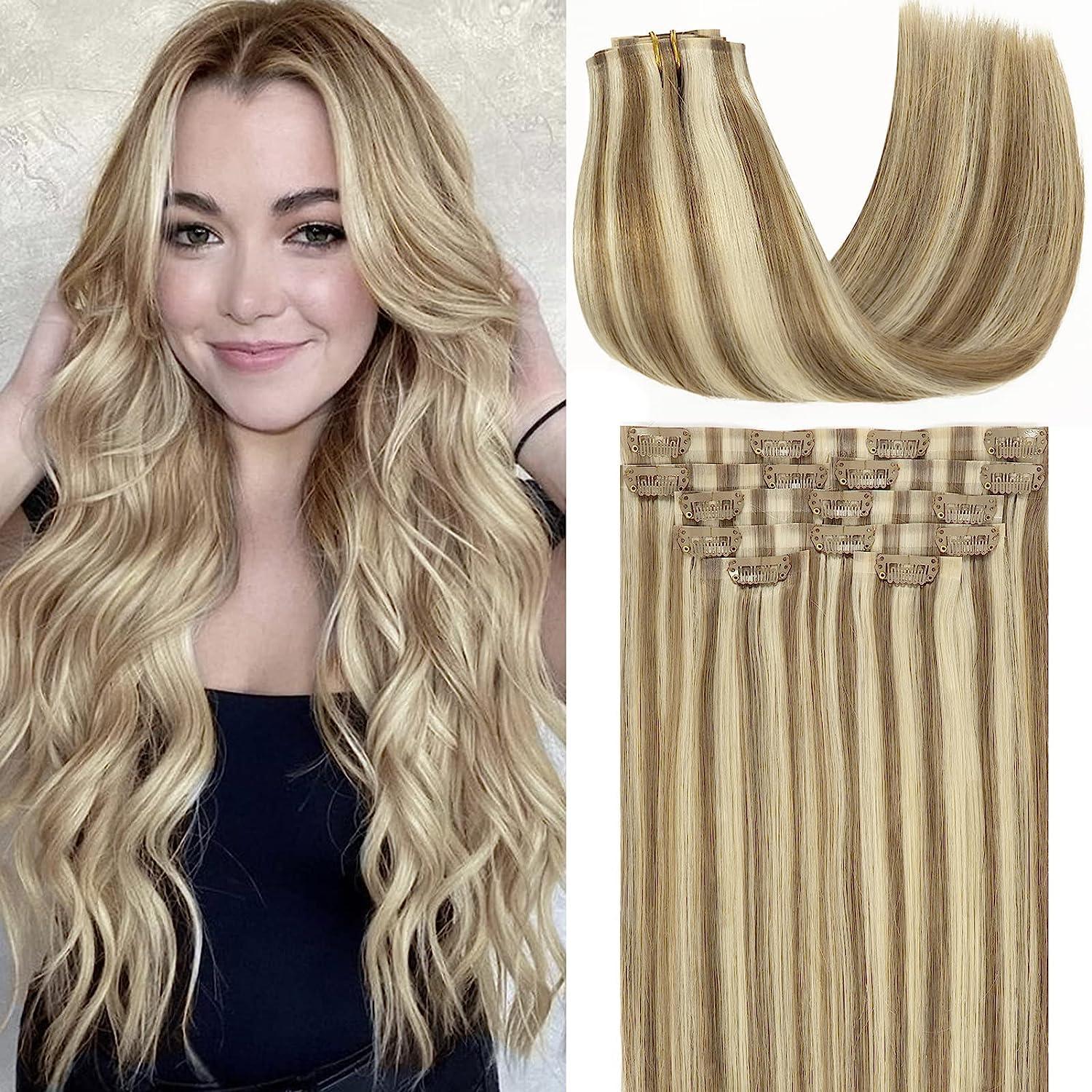 Loxxy Loxxy Glam Seamless Clip in Hair Extensions Double Thin PU Weft 100% Remy Hair Extensions Clip in Human Hair 20Inch Piano Light Brown Mixed With Platinum Blonde #P8/60 110Gram 7PCS Full Head
