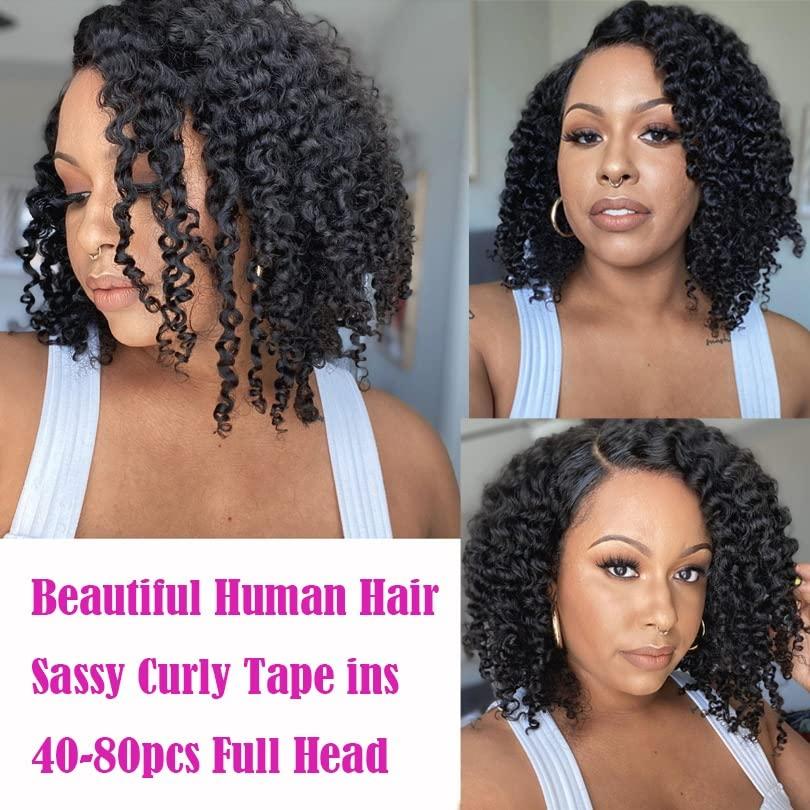 UMRHair Curly Tape In Hair Extensions 16inch Human Hair Invisible Kinky Tape In Hair Extension 1bundle 100g 40pcs Black Glue In Real Human Hair Tape Ins Seamless Reusable Adhesive Tape In Hair