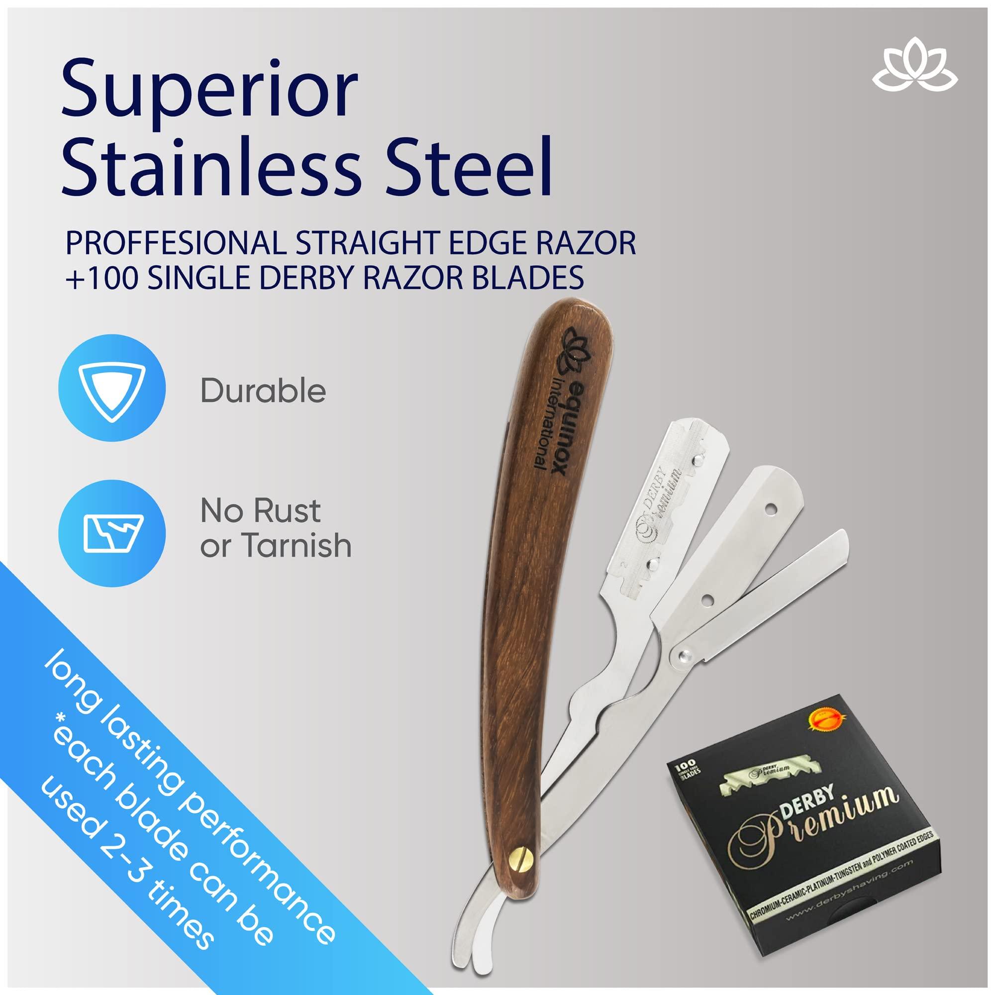 Equinox International Equinox Fancy Straight Edge Razor - Manual Shaver for Men - Includes 100 Disposable Derby Blades - Wooden Handle - Barber Kit - Straight Razors for Men - Navajas para barbero - retro straight razor