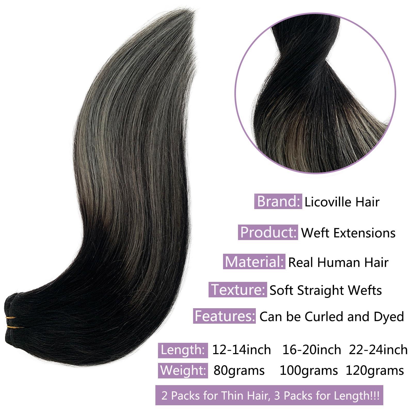 Licoville Silver Ombre Sew in Hair Extensions Human Hair Black and Gray Weft Hair Extensions Real Human Hair Sew in Balayage Black to Gray Highlights Hair Bundles 20 Inch 100grams