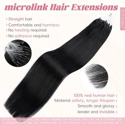 Eliysako Microlink Hair Extensions Human Hair 50g 20inch(#1) Natural Black Micro Link Hair Extensions Human Hair Microbead Hair Extensions Microloop Hair Extensions Human Hair For Women