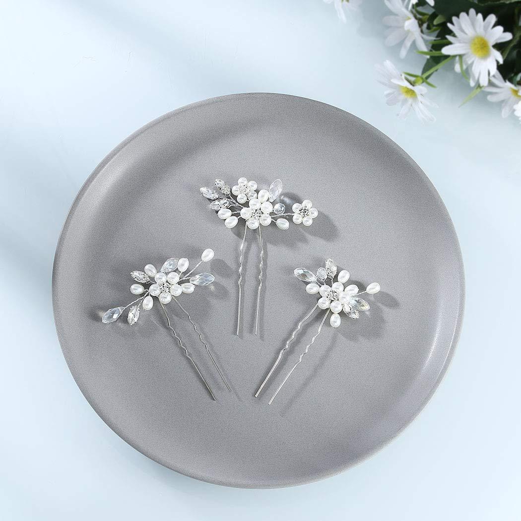Unicra Unicra Silver Bride Wedding Hair Pins Pearl Bridal Hair Pieces Flower Hair Accessories Rhinestone Prom Hair Clips for Women and Girls (Pack of 3)