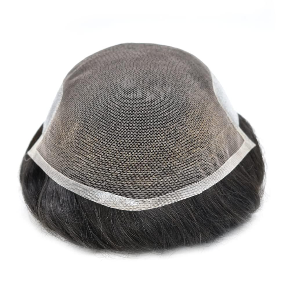 Hair Wonders Hair Wonders Toupee For Men Hair Piece Real Human Hair Soft Swiss Lace Hair Replacement System For Mens Toupee Hair Piece For Men Hair Prosthesis 6X8 Light to Medium density 1B# OFF BLACK
