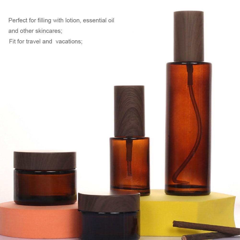 TUPANDY TUPANDY 2PCS 100ml/3.3oz Amber Glass Lotion Pump Press Bottles Empty Refillable Soap Dispensers Containers Jars with Black Wood Cap for Foundation Cream Makeup Removel Oil Shampoo