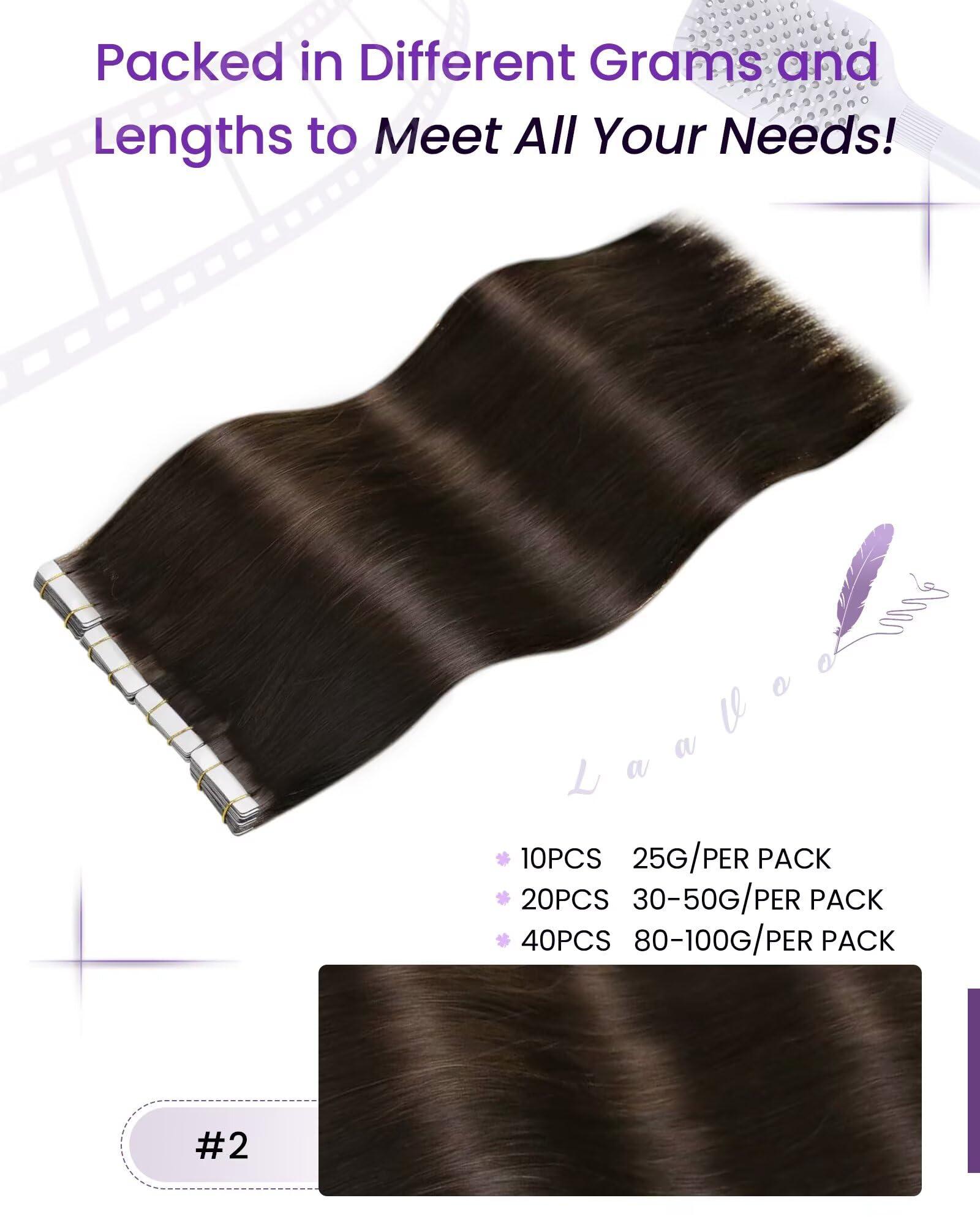 LAAVOO LaaVoo Tape in Extensions Human Hair Brown Tape in Hair Extensions Human Hair #2 Darkest Brown Hair Extensions Tape in Human Hair 14 Inch 20 Pcs 40 Gram Invisible Tape Extensions Human Hair