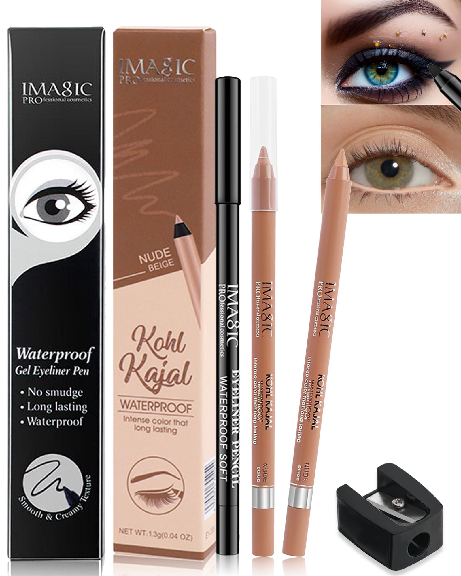 LYSdefeu Nude Beige & Black Water Line Gel Eyeliner Pencil-2Pcs Waterproof Smudge-Proof Cream Eye Liner Waterline Pen, Smooth Easy-to-Sharpen Pencil with Sharpener, Longlasting Eye Makeup Gift for Older Women
