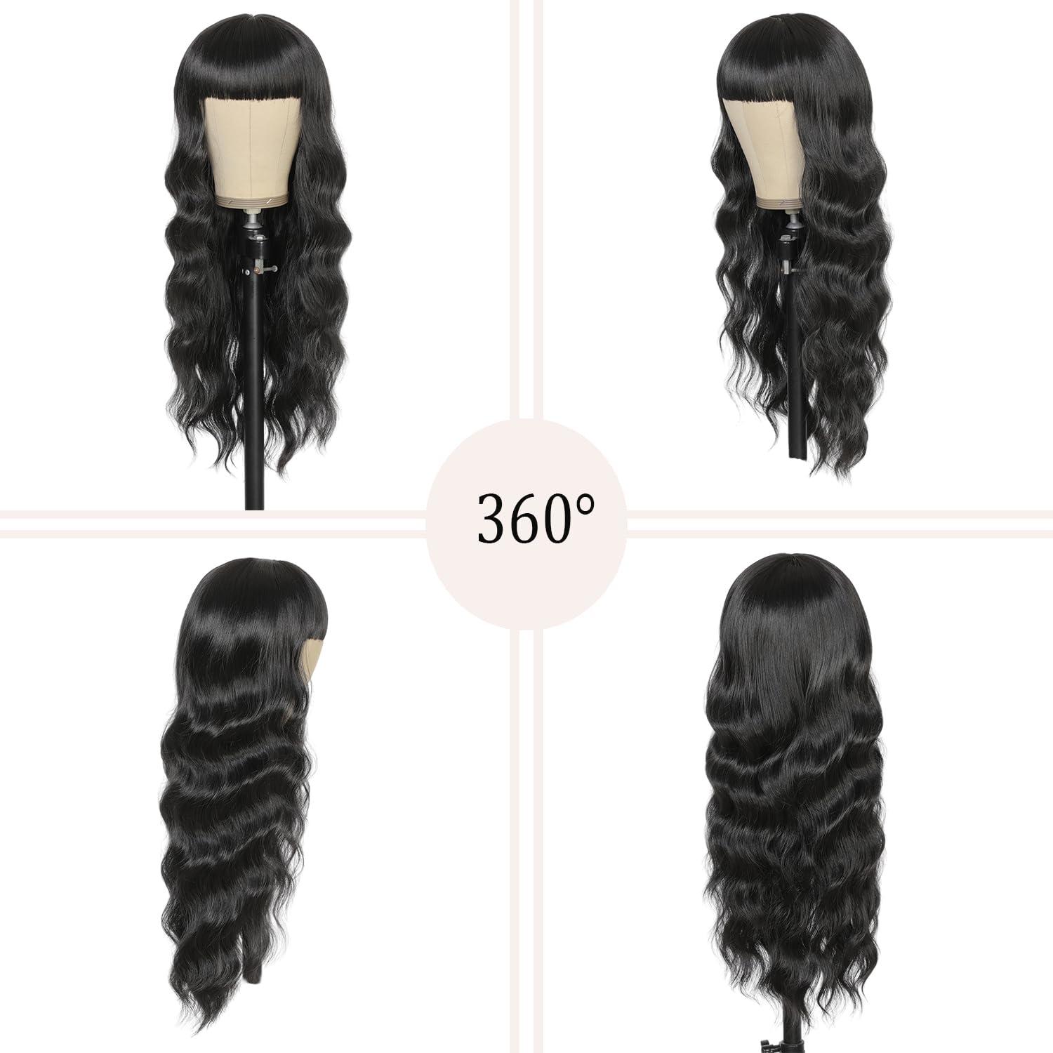 punhurt punhurt Black Wig with Bangs 26inch Long Black Wig Wavy Wig for Women Synthetic Wig Curly Natural Black Wigs for White Women Girls Wig with Bangs