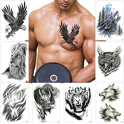 AWLEE Temporary Tattoos for Men Women Large Tribal Totem Eagle Owl Wolf Tiger Dragon Lion Pattern Waterproof FakeTattoos Body Half Arm Shoulder Chest (Pattern 3)