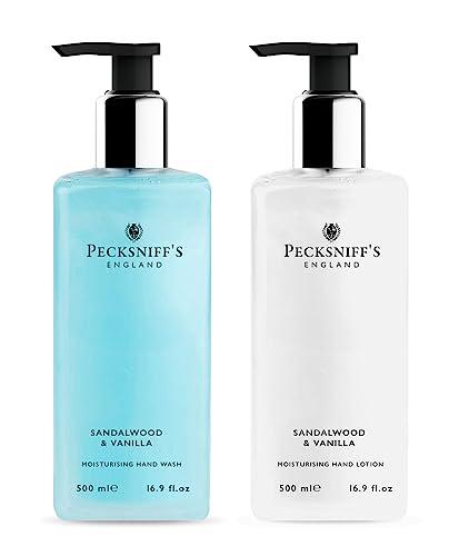 Pecksniff\'s Pecksniffs Kitchen Soap Dispenser Set, Moisturizing Liquid Hand Soap Lotion Set for Kitchen Sink Bathroom Countertop with Black Metal Mesh Caddy, 10.14 Fl oz (Sandalwood and Vanilla)