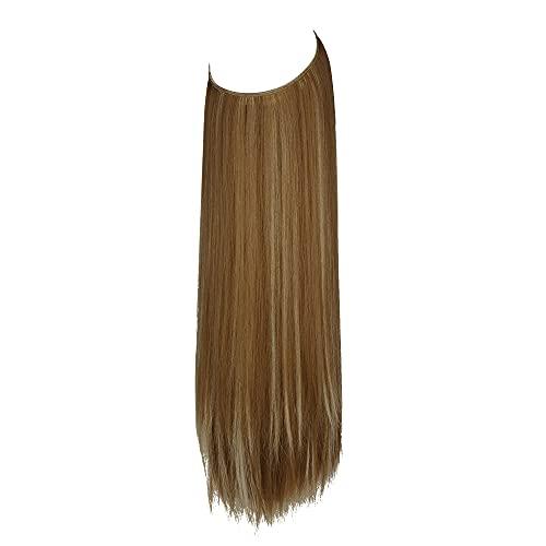 FUT_Forever Straight Hair Extensions Ginger Brown Mix Bleach Blonde Highlight 22 Inch 4.2 Oz Long Synthetic Hairpieces Invisible Wire Headband for Women Heat Resistant Fiber No Clip