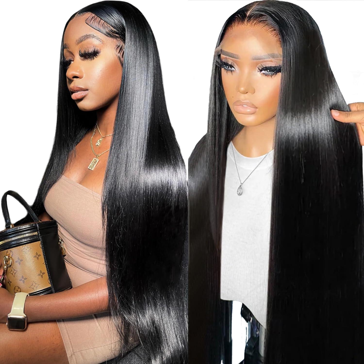COUGARBEAUTY COUGARBEAUTY 24 Inch Lace Front Wig Human Hair Straight HD Lace Frontal Wig Human Hair 13x6 200 Density Glueless Wigs Human Hair Pre Plucked with Baby Hair for Women Natural Black Human Hair Wig