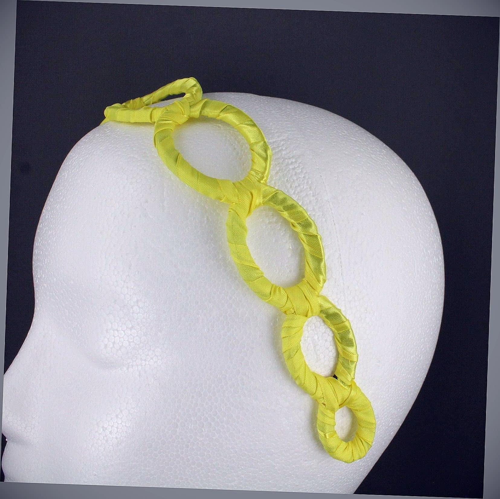 Wholesale Fashion HairClip Yellow Satin Wrapped Fabric 1 3/8" Wide Headband Oval Chain Link Cut Out Pattern Fashion hair Accessories for Women